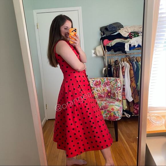 MARIANNA SENCHINA Red Black Polkadot Runway Midi Dress XS - Picture 6 of 16